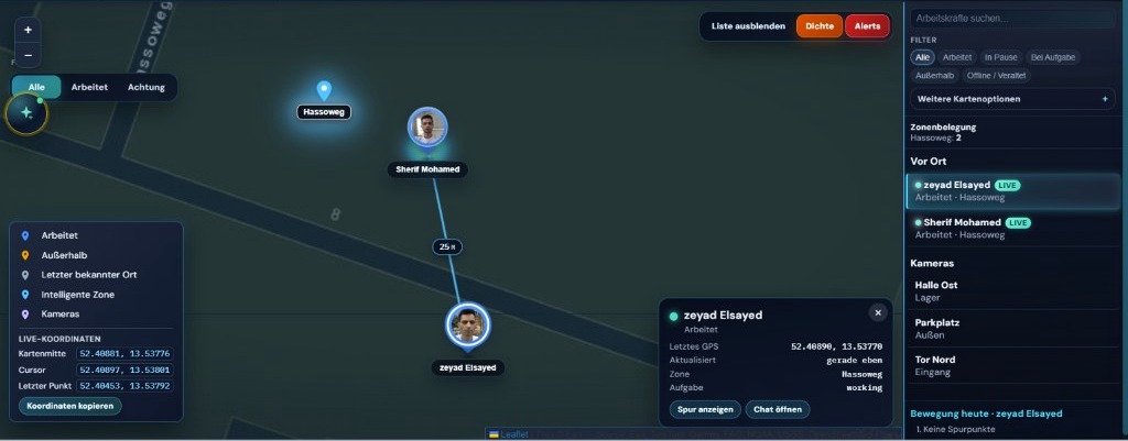 Live Map Screenshot mit Nähe-Linie (25 m) zwischen Mitarbeitern